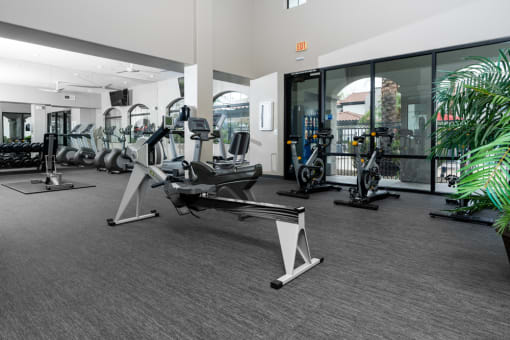 Gym with cardio machines and weights at Dobson 2222, Chandler, AZ