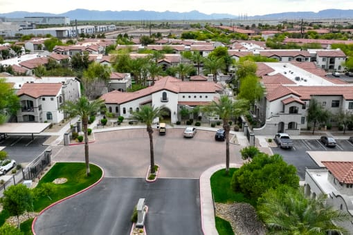 Aerial view of a neighborhood with houses and cars at Dobson 2222, Chandler, AZ, 85286