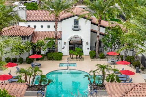 Aerial view of Swimming pool with lounge chairs at Dobson 2222, Chandler
