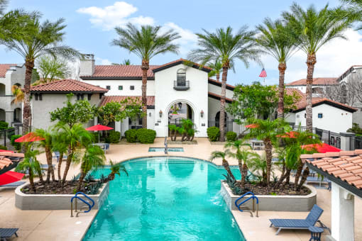 Large swimming pool with palm trees at Dobson 2222, Chandler, AZ