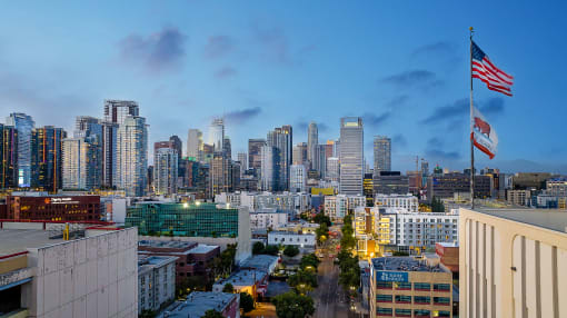 a view of the san francisco skyline at dusk