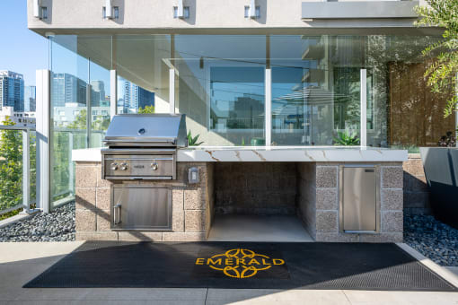an outdoor kitchen with a propane grill and a rug with the emerald logo on it