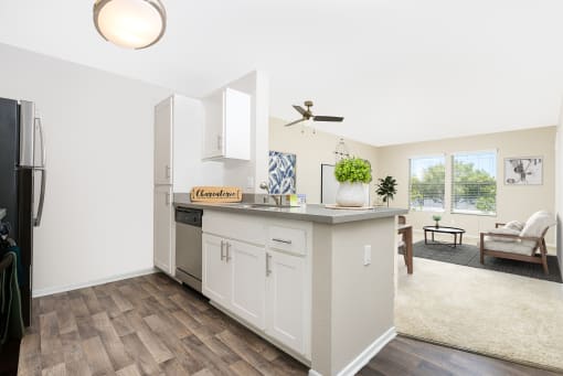 kitchen and living room  at 55+ FountainGlen Temecula, California