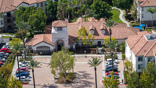 Aerial view showing roof and trees of apartment at 55+ FountainGlen Grand Isle, California, 92562