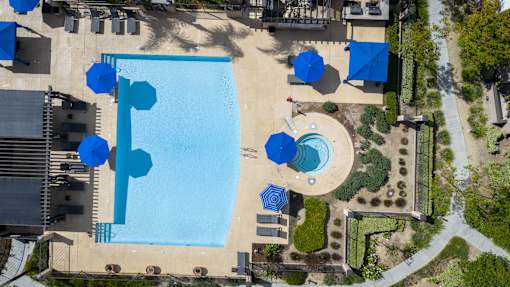 An aerial view of swimming pool at 55+ FountainGlen Grand Isle, Murrieta, CA 92562