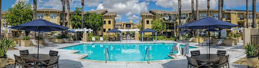 Panoramic view of pool area at 55+ FountainGlen Temecula, Temecula, California