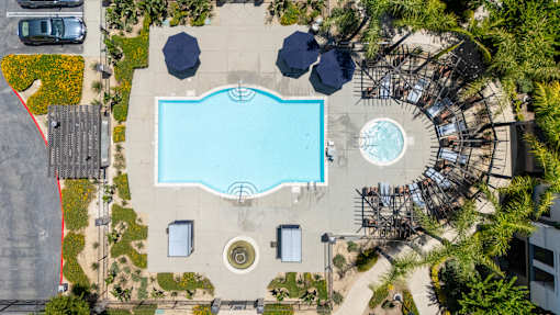 An aerial view of a pool at 55+ FountainGlen Terra Vista, Rancho Cucamonga, California