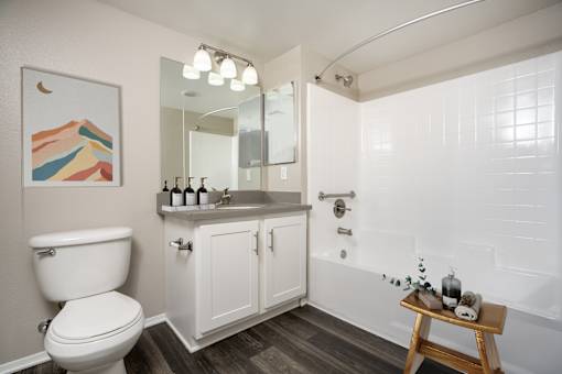 A bathroom with a toilet, sink, and a mirror. at 55+ FountainGlen Terra Vista, Rancho Cucamonga