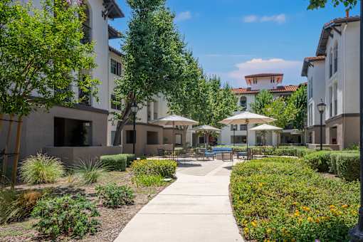 A sunny day at a courtyard with a pathway, plants, and umbrellas. at 55+ FountainGlen Terra Vista, Rancho Cucamonga, 91730