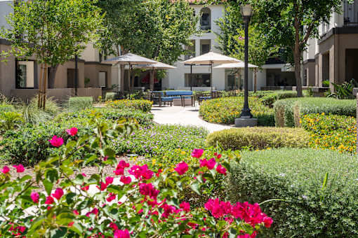 A garden with pink flowers in the foreground and a building in the background. at 55+ FountainGlen Terra Vista, Rancho Cucamonga, CA, 91730