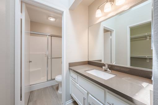 A bathroom with a sink, mirror, and shower.