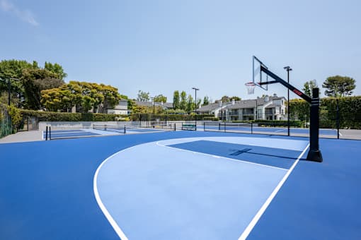 A basketball court with a hoop and a backboard.
