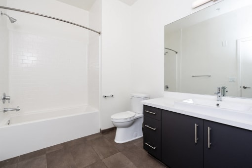 bathroom with white counter, large mirror and white tub and toilet at Imperial Hardware Lofts, California