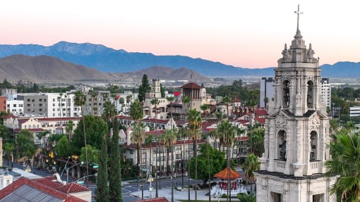 Views of the city with large church steeple at Imperial Hardware Lofts, California