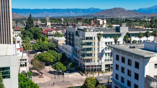 city view of apartment buildings at Imperial Hardware Lofts, Riverside, CA