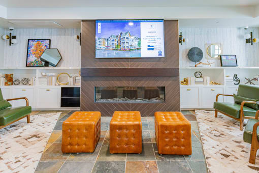 resident lounge with HD tv and fireplace