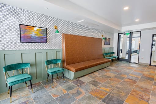 resident kitchen with stylish seating at Bayswater Apartments, California