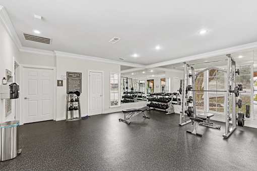 A spacious gym with a variety of equipment.