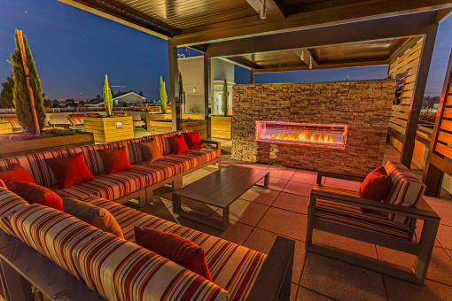 Rooftop lounge seating with fire place
