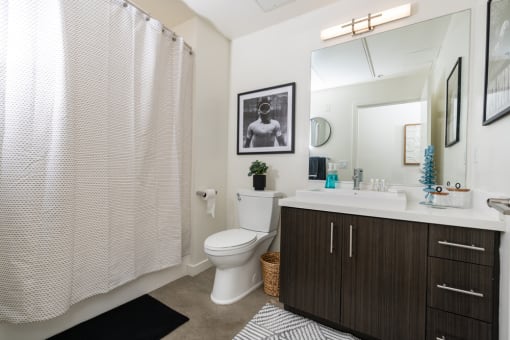 a bathroom with a shower and a toilet and a sink at Imperial Hardware Lofts, Riverside, CA