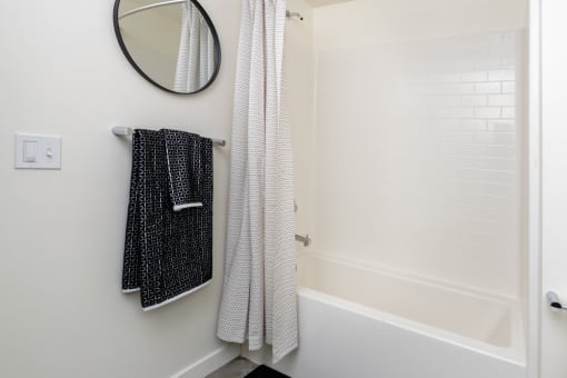 a bathroom with a shower and a tub and a mirror at Imperial Hardware Lofts, California