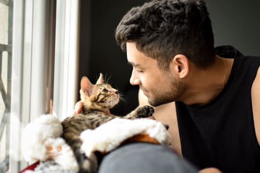 a man and his cat looking out the window