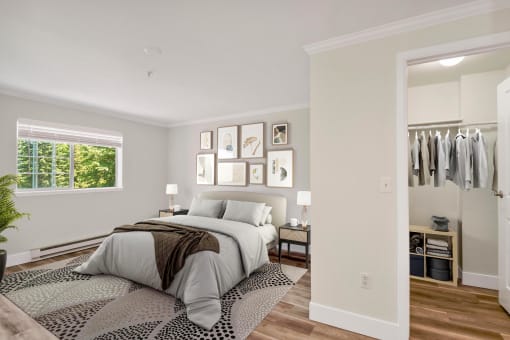 a bedroom with a bed and a closet at Lakemont Orchard, Issaquah, WA 98027  