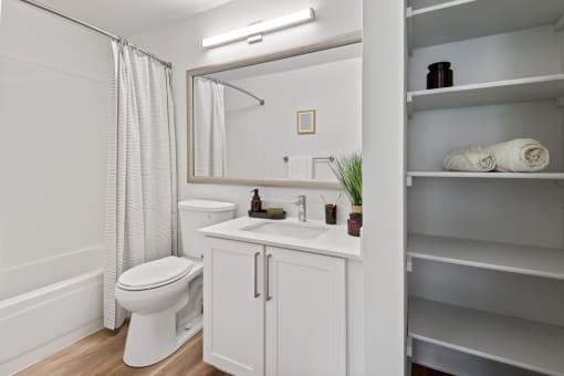 a bathroom with a toilet sink and a mirror at Lakemont Orchard, Issaquah, WA  