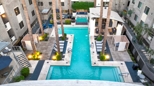 Aerial View of the Swimming Pool and Jacuzzi, with Surrounding Lounge Chairs at Level at Sixteenth, Phoenix, AZ, Arizona
