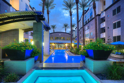 resort-style pool at night at Level at Sixteenth, Phoenix