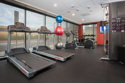 a gym with treadmills and other exercise equipment