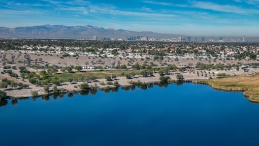 nearby lake with mountains in the back at Miro at the Parc, Henderson, Nevada