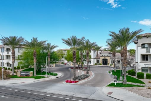 an empty street with palm trees in front of apartment buildings
