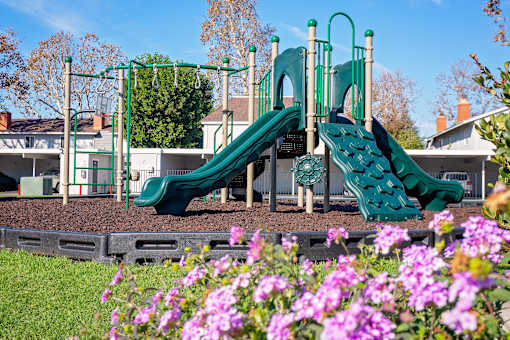 A playground with a green slide and purple flowers in the foreground. at Nola 624, West Covina