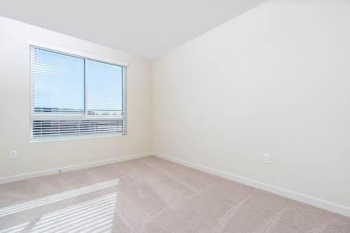 A room with a window and carpeted floor.