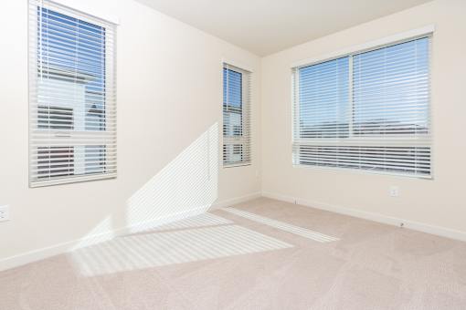 A room with two windows and a white floor mat.