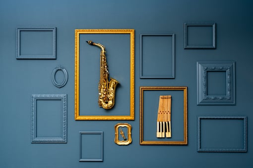 A Golden Saxophone Is In The Center Of a Collection Of Picture Frames at North Grove, Riverside, California