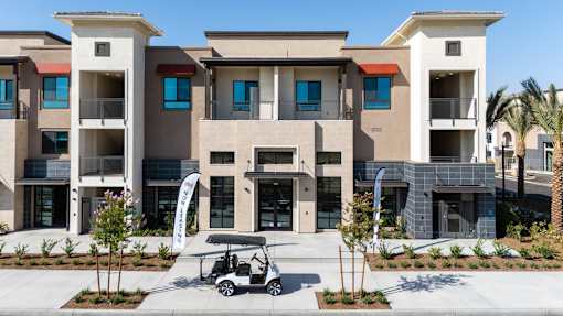 A Modern Building With a Golf Cart In Front at North Grove, Riverside, California
