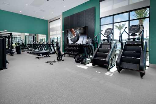 One Bedroom Luxury Apartments in Riverside, CA - North Grove - Fitness Center With Stair Climbers And Treadmills, Free Weights, Large Windows, And Wall Mounted TV For Workouts