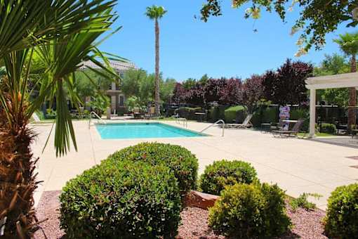 A pool surrounded by green bushes and trees at Avalon at Seven Hills Apartments, Nevada
