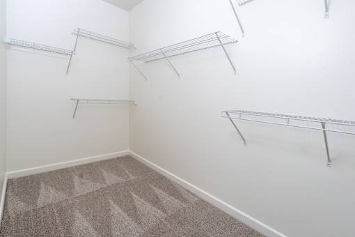 A room with white walls and grey carpet has three metal racks on the wall.
