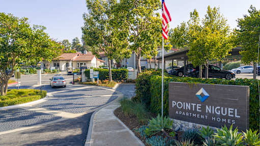 A sign for Pointe Niguel Apartment Homes is in front of a tree.