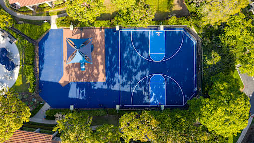An aerial view of a basketball court surrounded by trees.
