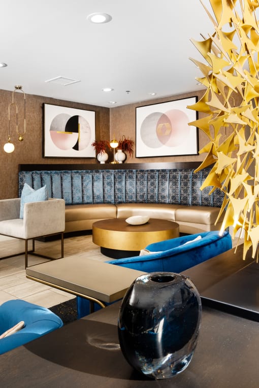 Lobby and lounge seating at The Preston Miracle Mile Apartments, California