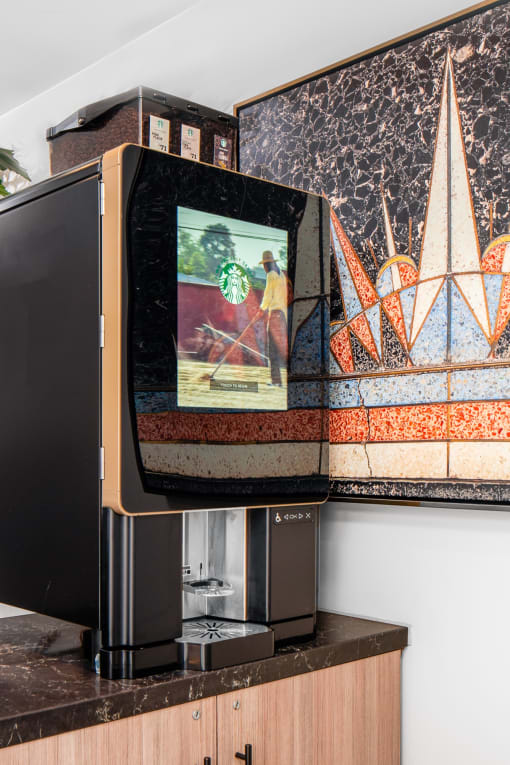 Clubhouse coffee machine at The Preston Miracle Mile Apartments, Los Angeles