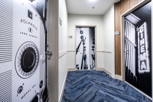 Artistic artwork on doors at The Preston Miracle Mile Apartments, California