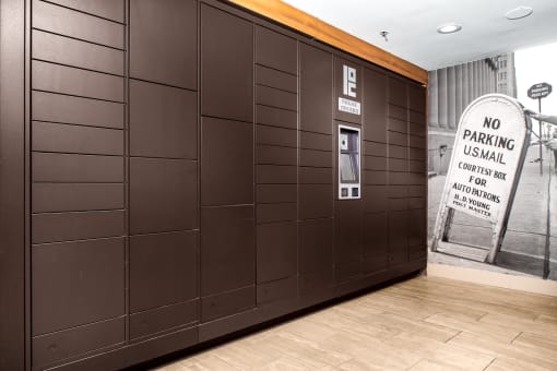 Package lockers at The Preston Miracle Mile Apartments, Los Angeles, CA, California, 90036