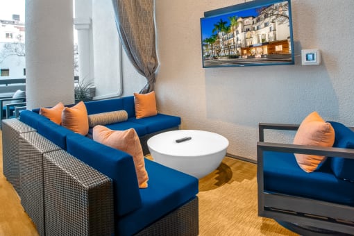 Outdoor lounge seating at The Preston Miracle Mile Apartments, Los Angeles, CA, California