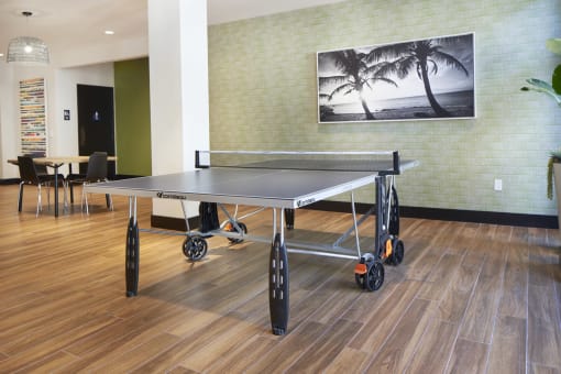 Apartments in Mission Valley for Rent - Community Ping-Pong Table with Nearby Seating and Natural Light.