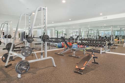 A gym with a variety of equipment including weights and exercise balls at Wilshire Valencia Apartment, Los Angeles